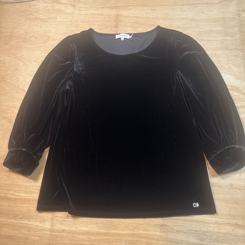 Calvin Klein Velvet Blouse Womens L Black Excellent Puff Sleeve Scoop Neck Top